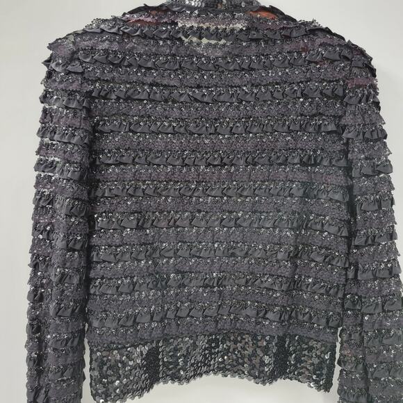 VTG Harry Acton Evening Jacket Womens 8 Black Sequin Lace Satin Ruffles Party - Picture 12 of 16